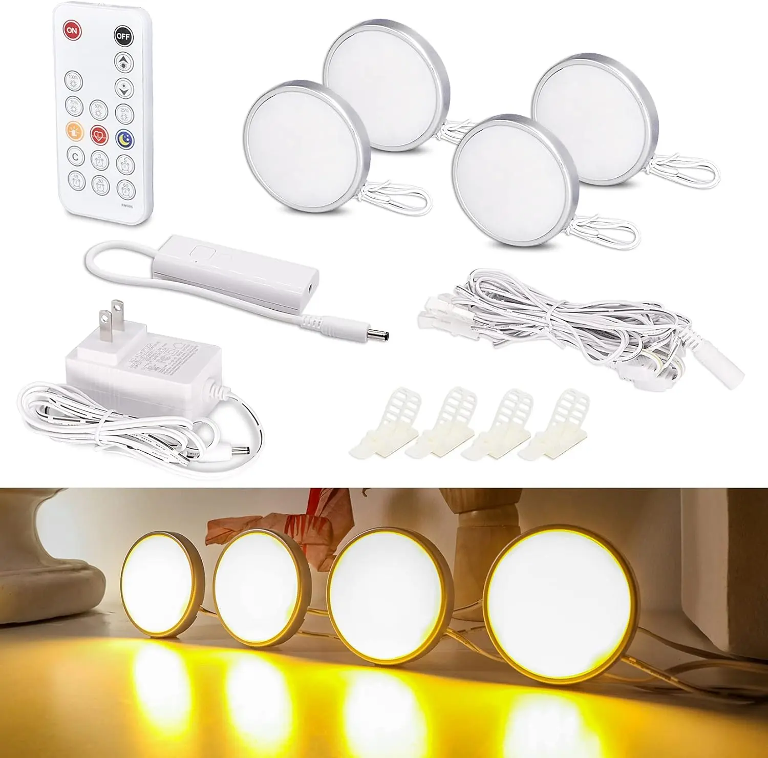 LED Puck Lights, Wired Under Cabinet Lighting Kit with Remote, Dimmable Counter Lighting for Kitchen,Closet,Bookshelf,Shelf,700lm,2700K Warm White,Super Bright,Timing, Set of 4