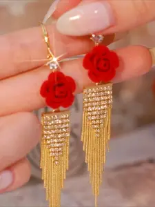 Red Flower Tassel Earrings - Shining Earrings, Christmas New Year Gift, Suitable for Banquets and Weddings, Jewelry Gift, Trendy Jewelry