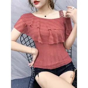 Elegant Asymmetrical Neck Ruffle Trim T-Shirt - Short Sleeve for Spring & Summer - Women's Clothing