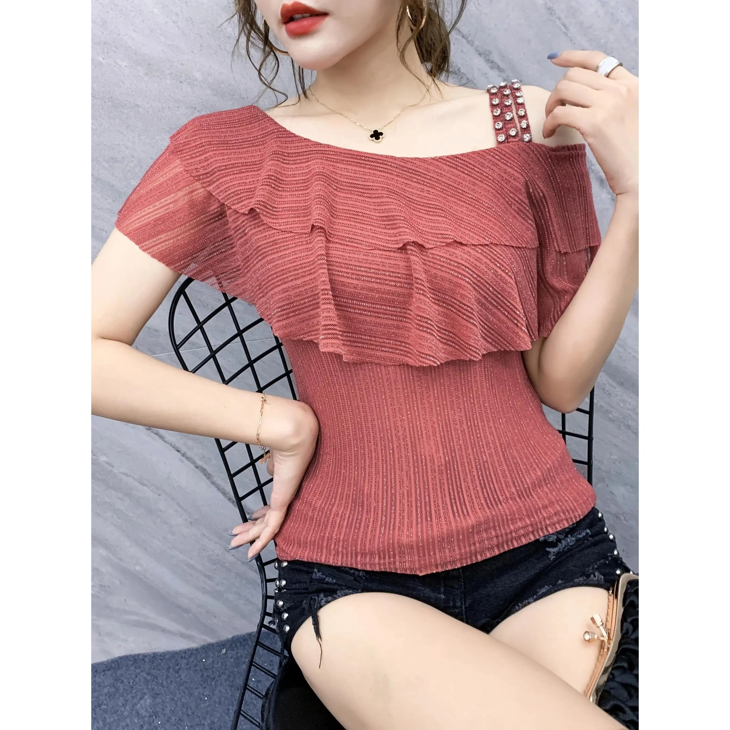 Elegant Asymmetrical Neck Ruffle Trim T-Shirt - Short Sleeve for Spring & Summer - Women's Clothing