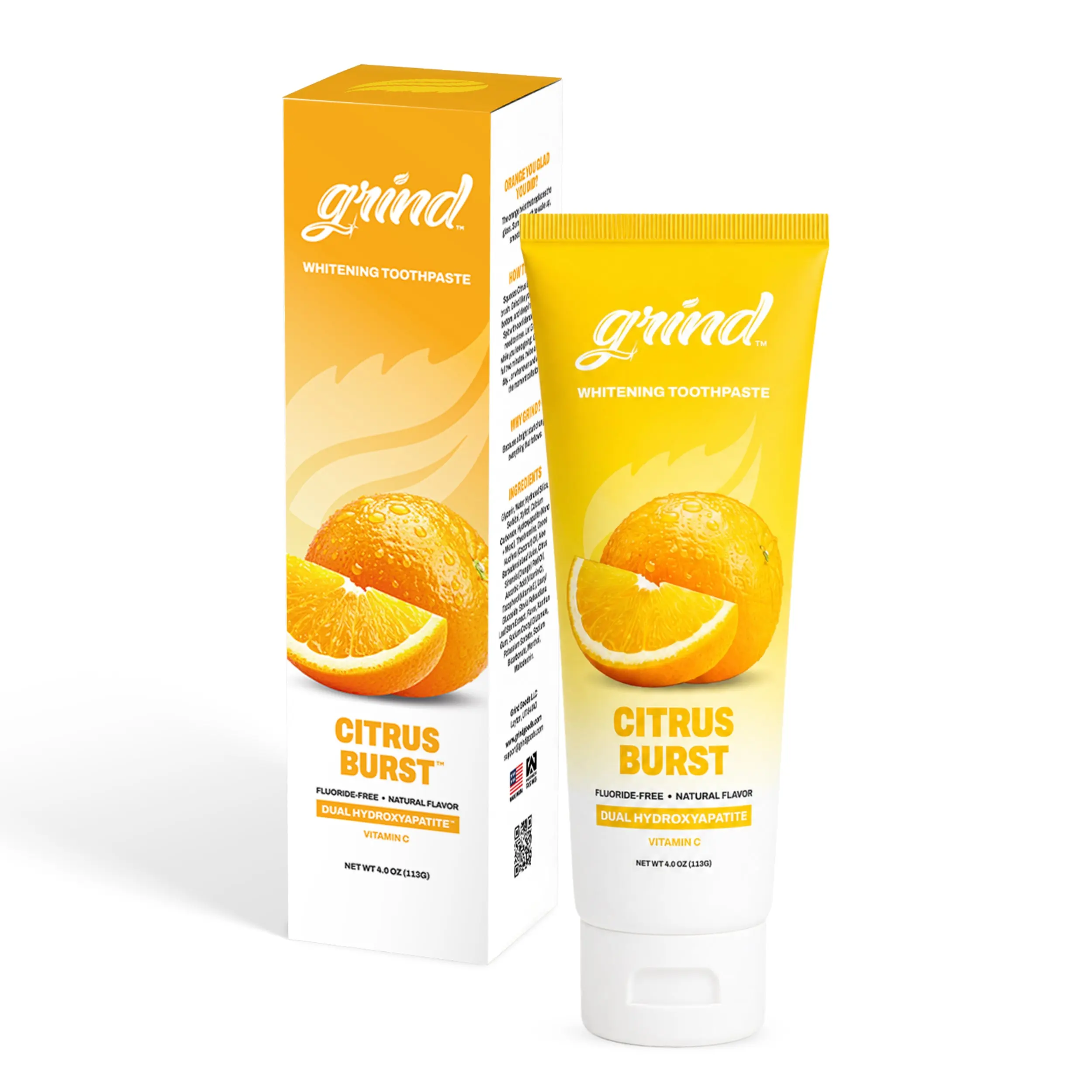4oz Orange Citrus Burst Fluoride-Free Toothpaste with Natural Extracts, Dual Hydroxyapatite Whitening, Gentle for Sensitive Teeth, Daily Oral Care Tube