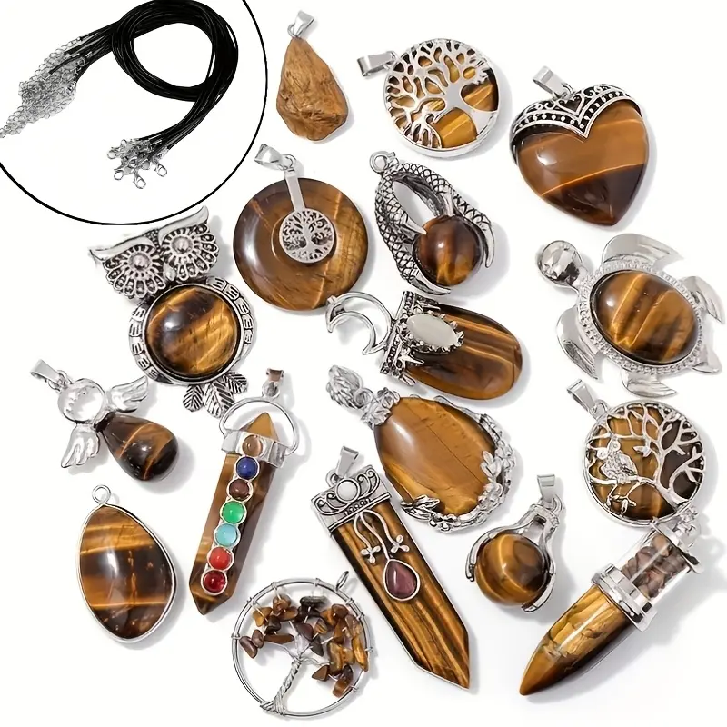 Set Charms & Pendants, 5-Piece Silvery Metal Alloy Tiger Pendants with Tiger Eye Stone for DIY Animals Jewelry Making, Unisex Wear Necklaces & Bracelets