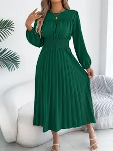Women's Plain Frill Trim Shirred Pleated Dress, Casual Chic Elegant Casual Classy Elegant Bishop Sleeve Long Sleeve Keyhole Back Dress for Spring & Fall, Women's Clothing for Daily Wear, Womenswear