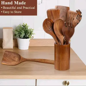 Hand Made Thick Wooden Spoons for Cooking 8 Pcs Natural Wooden Utensil Set Non Stick Heat Resistant Kitchen Tools