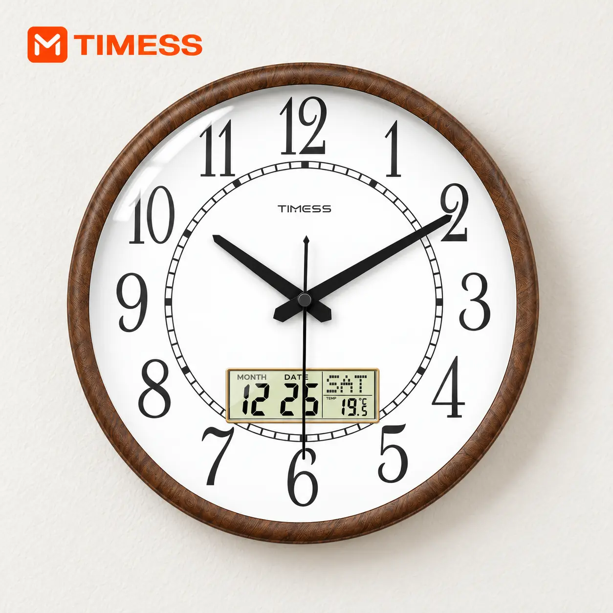 TIMESS 13-In Round Analog Wall Clock - Retro Faux Wood Grain, Large Numbers, Creative Design, Perpetual Calendar Digital Display, Temp + Date Info, Silent Non-Ticking, Alarm, Eye Care, Battery Operated for Living Room, Bedroom
