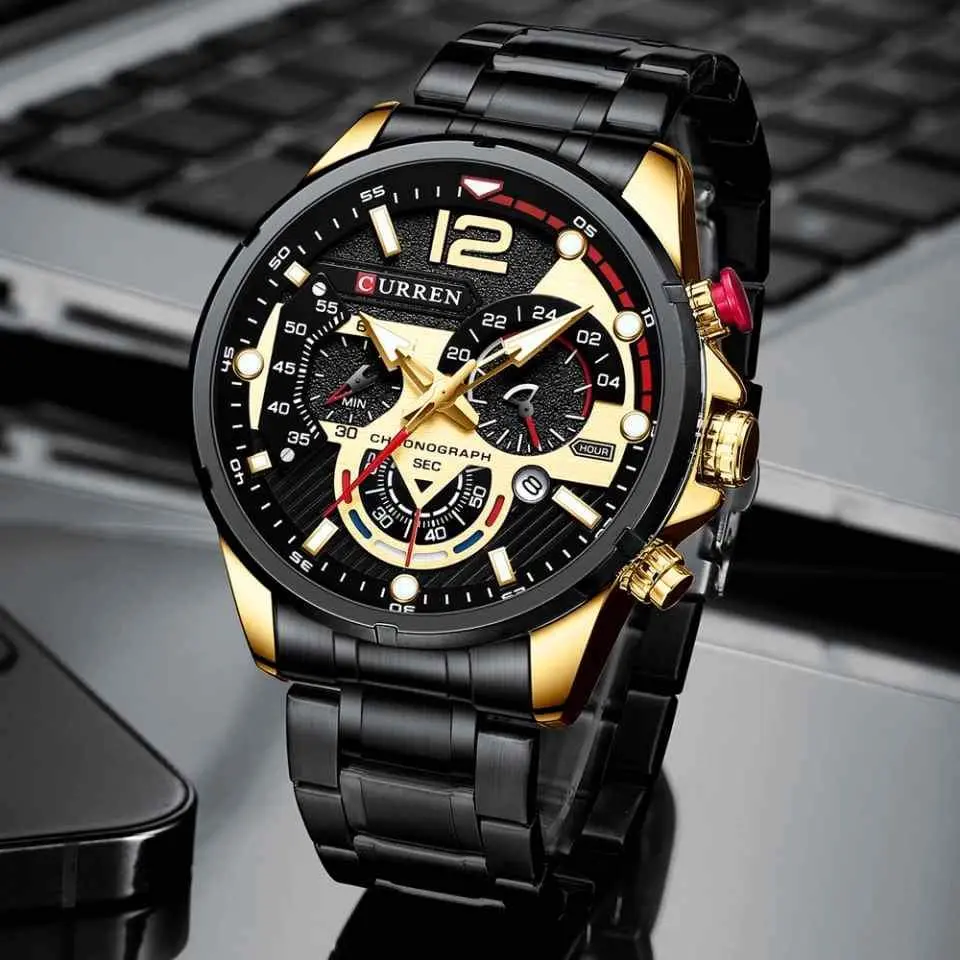 Curren Chronograph Stainless Steel Watch For Men 23cm Band 24mm Width 14mm Case Round Dial 47mm Auto Date Luminous Quartz Movement 3-Bar Water Resistance