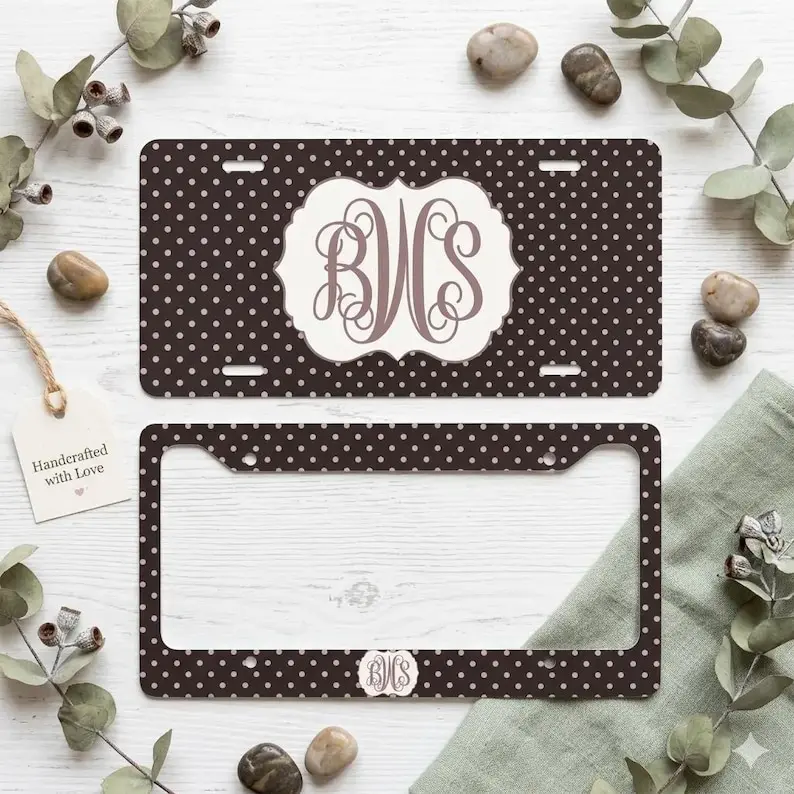 Custom Monogram License Plate - Personalized Brown Polka Dot Car Tag, Elegant Monogram Front Plate, Custom Vanity Tag