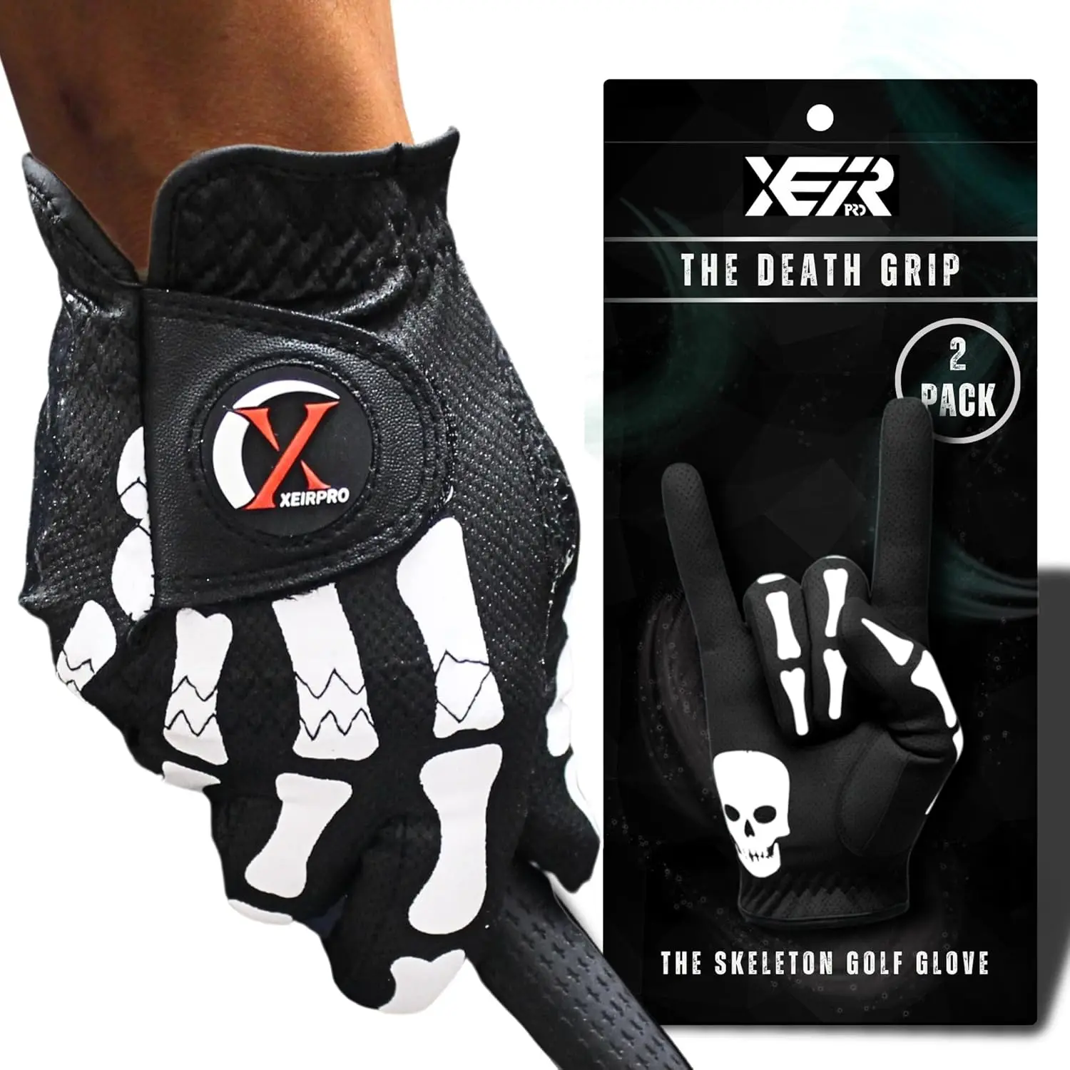 XEIRPRO Skeleton Death Grip Men's Golf Gloves (2 Pack) – 100% AAA Synthetic Tacky Golf Glove - Cool & Funny Golf Gloves for Men