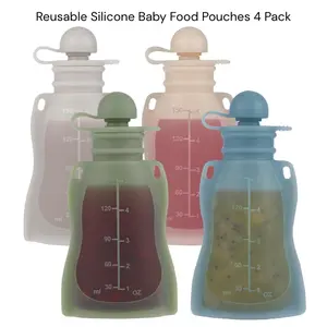 Reusable Silicone Baby Food Pouches 4 Pack Refillable Squeeze Pouches with Straw BPA Free 5oz Containers birthday gift mother