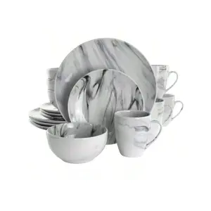 16counts Stoneware Fine Marble Dinnerware Set Black/White