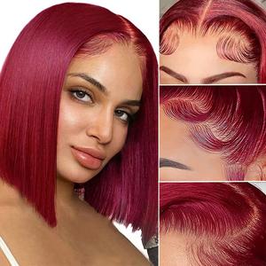 99J Burgundy Bob 13x4 Lace Front Wigs Human Hair 180% Density Red Wig Pre Plucked with Baby Hair
