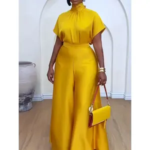 Yellow turtleneck short-sleeved knotted top with wide-leg pants vacation two-piece trousers set