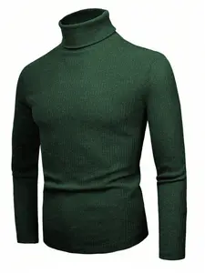 Men's High Neck Pullover Sweater, Long Sleeve Slim Fit Fitted Solid Ribbed Knit Knitwear, Casual Striped Design, Comfortable Warm Daily Wear, Fall & Winter Fashion, Casual Cozy Pullover