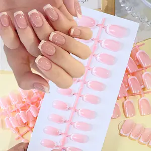 120Pcs Short Square Coffin French Fake Nails Glossy Pink  Full Cover Wearable Press on Nails Wearable Acrylic Fake Nails Tips #