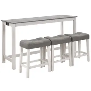 1 Table 3 Stools Bar Table Set with USB & Type-C Charging Port, White Grey Faux Wood Grain MDF Top Rubber Wood Leg Bar Pub Table, Breathable Linen Upholstered Saddle Stool 250LB Capacity Easy Assembly for Home Kitchen Breakfast Area