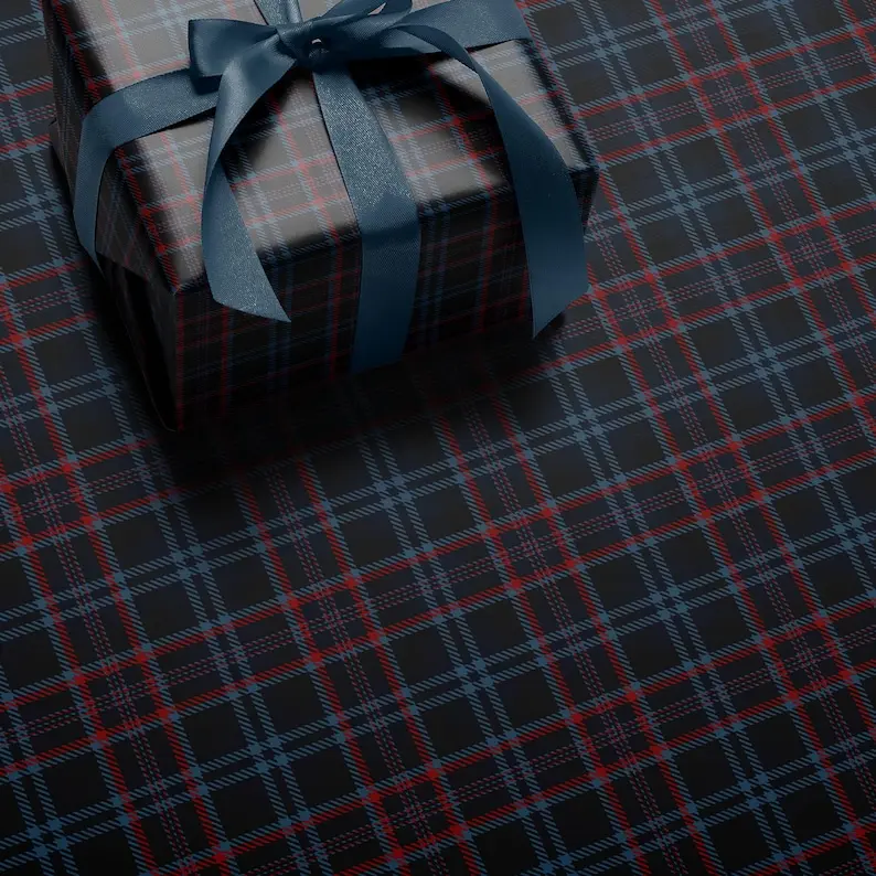 Masculine Christmas Wrapping Paper Classic Tartan Checkered Wrap Red Dark Cozy Festive Present for Men and Gifts
