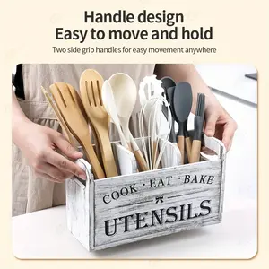 Country Style Wooden Kitchen Utensil Rack Holder, Kitchenware 3 Compartment Countertop and Wall Mount Organizer, Space Saving Multi-Purpose Storage, Utensil Storage Solution
