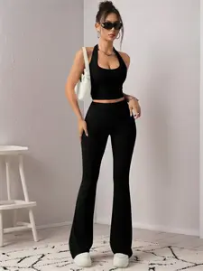 Women's trousers suit, sexy halter-neck off-shoulder vest with hip-packing trousers, suitable for daily casual travel, Summer Clothing Set, Lady, Stretchy Outfit Sets