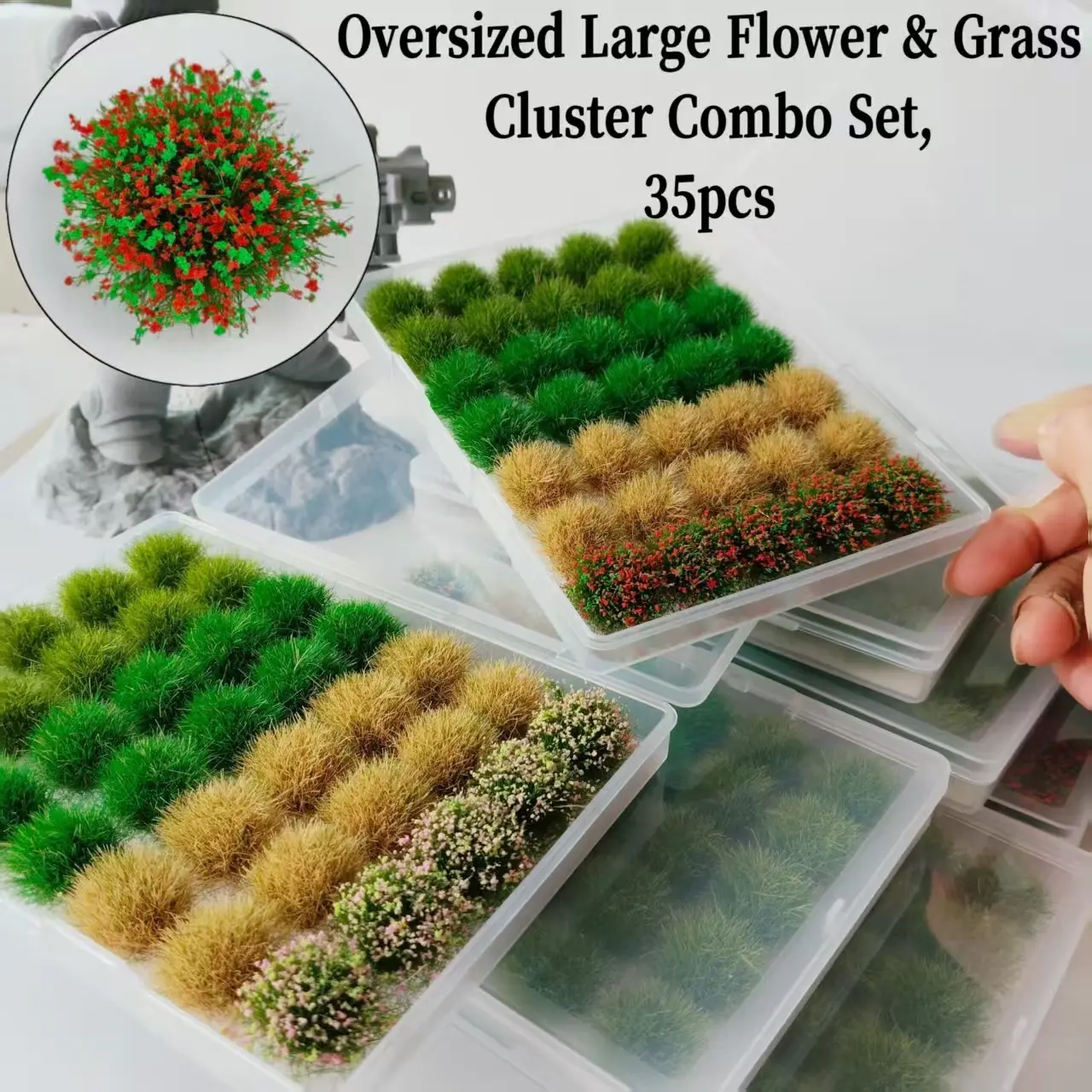 35 flower clusters + grass clusters combination kit, Artificial Flowers, enlarged static flower clusters and grass clusters, multi-color mix, to meet multiple seasons, suitable for building sand table diy, a variety of model scene decoration materials
