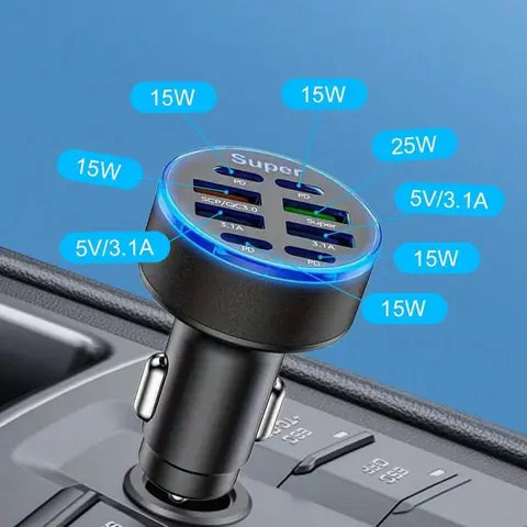 40W Total 5-Port USB-C & USB-A Car Charger - LED Voltage Display, PD & QC 3.0 Fast Charging, 12-24V Ready, Fire-Resist, 6-Layer Protection for Daily Driving, for Cars Trucks, Smartphone, Cellphone, Android Devices, Tablets, Bluetooth Speakers