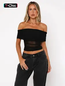 Women's Solid Off Shoulder Sheer Top, Fashion Chic Casual Top for Daily Outdoor Wear, Ladies Clothes for Summer, Womenswear Style