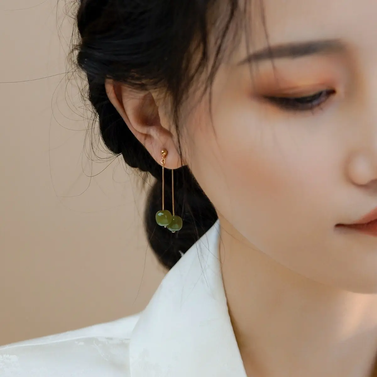 Natural Hetian Jade Long Drop Earrings