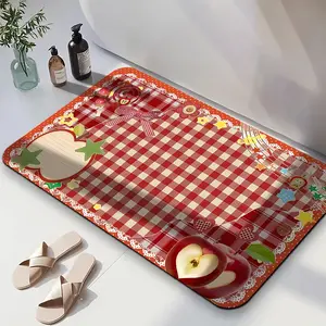 1PC,2D Home Absorbent Quick-Drying Diatomaceous Earth Doormat Kitchen Bathroom Non-Slip Foot Mat Apple Cartoon Pattern Cute Children's Bedroom Entrance Hallway Anti-Slip Pad