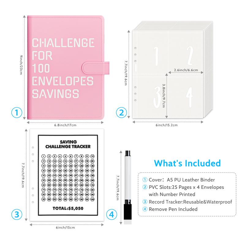Challenge For 100 Envelopes Saving with Pen, Easy and Fun Way to Save $5,050, Savings Challenge Budget Binder, Saving Challenge Book,Waterproof Wallet,Storage Bag,Saving Tips,Desk Office Accessories,Budget Plan