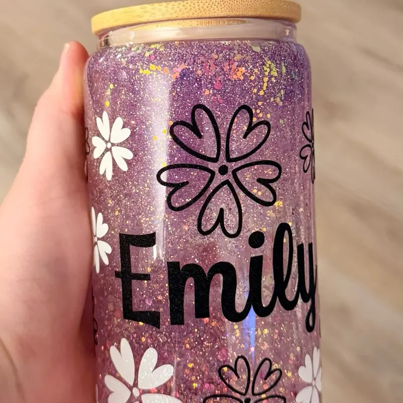 Personalized Purple Glitter Snow Globe Glass Can | Daisy Iced Coffee Tumbler