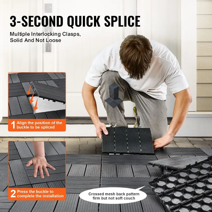 【toolupgrade】VEVOR Interlocking Deck Tiles, 36 Pack, 11.6x11.6 36 sq. ft Plastic Waterproof Outdoor Flooring All Weather Use, Patio Floor Decking Covering Tiles for Porch Poolside Balcony Backyard, Dark Grey