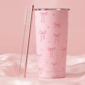 20oz Pink Bow Aesthetic Car Tumbler  Insulated Stainless Steel Travel Mug with Straw & Brush  Viral Coquette Style Coffee Cup for Her