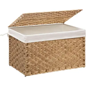 Wicker Storage Basket with Lid, 27.7 Gallon (105L) Large Blanket Basket with Lid, Woven Storage Bin with Handles, Removable Liner, Metal Frame, Foldable, for Bedroom, Laundry Room,