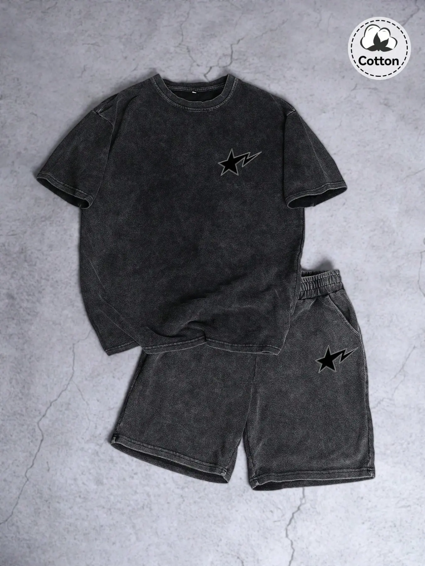 Unisex Y2K Minimalist Distressed Streetwear Set, Charcoal Loose Short Sleeve T-Shirt + Shorts Two-Piece, Star Lightning Graphic, Casual Street Style