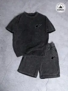 Unisex Y2K Vintage Minimalist Distressed Set, Charcoal Loose Short Sleeve T-Shirt + Shorts Two-Piece, Star Lightning Graphic, Casual Street Style