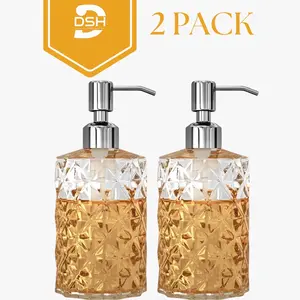 Soap Dispenser - 2 Pack, 12 Oz Clear Diamond Design Glass Refillable Hand Soap Dispensers Stainless Steel Pump, Lotion Dispensers for Kitchen, Bathroom