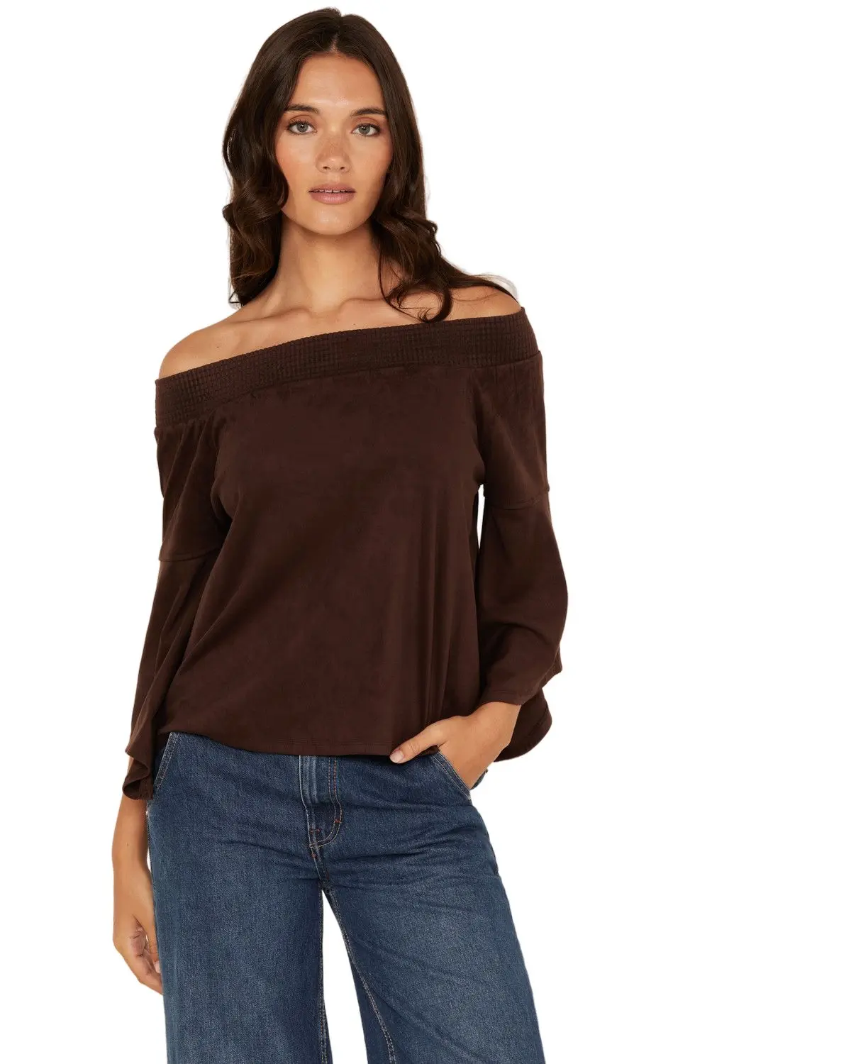 Shyanne Women's Women'S Solid Faux Suede Off The Shoulder Long Sleeve Shirt - Swho24k4-Chbn
