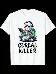 Men's Fun Horror Cereal Mix Graphic Pattern Loose Fit Fitted T-Shirt, Halloween and Anime Convention Wear, Horror Fan Gift, Daily Wear, Casual Summer Short Sleeve Top Menswear