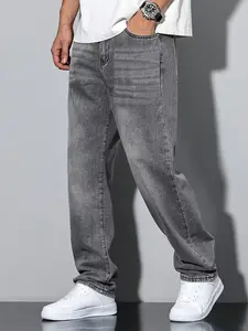 Grey Stretch Jeans for Men All-Season Denim Pants Streetwear Casual Trousers Menswear Vintage Plain Straight-Leg Jeans