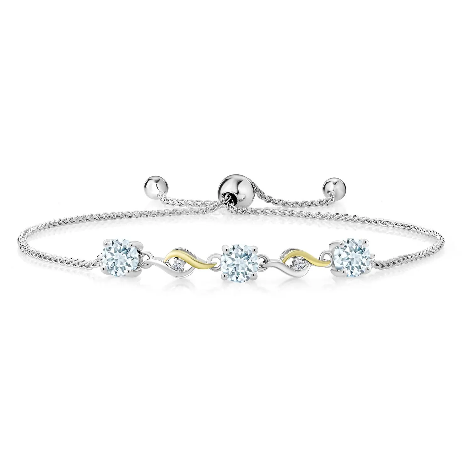 3-Stone Tennis Bracelet For Women | 925 Silver and 10K Yellow Gold | 5MM Round Gemstone Birthstone | 1.3MM Lab Grown Diamond | Adjustable Bolo Bracelet For Women | Easy-On Easy-Off