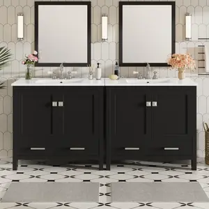 72" Black Bathroom Vanity with Ceramic Sink, Soft-Close Doors, Double Storage Shelves & Divided Drawer – Modern Bathroom Cabinet with Ample Storage   WL