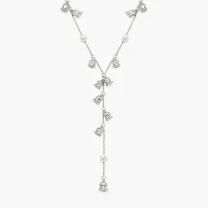 en route Lily of the Valley Pearl Lariat Necklace in Silver, Floral Series Design with Pearls, Statement Piece for Layering, Sets & Everyday Elegance