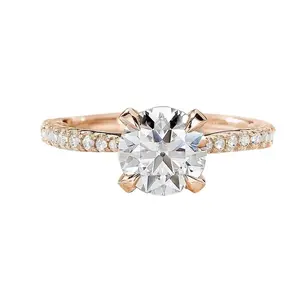 RegalGemWorks Classic Round Brilliant Moissanite Solitaire Ring in 14k Rose Gold Pave Band, GRA-Certified White D VS1-VS2, 7–10 Day Shipping, Personalized Promise Ring, Dainty Wedding Band, Anniversary Gift, Bridal Jewelry, Custom Sizing