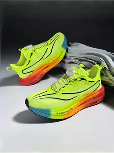 Unisex Dark Green Gradient Knob-Lacing Racing Running Shoes: Professional Racing Style, Dark Green Tone, Purple-Yellow-Green Gradient Sole, Knob Lacing, Streamline Texture, Light Sole. Ideal for Running Racing & Training.