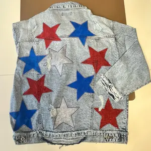 Feeling Patriotic Hand Painted Denim Jacket with Red Blue and Silver Stars Design