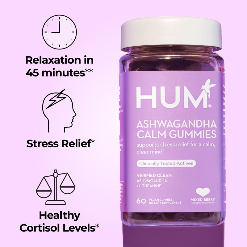 HUM Ashwagandha Calm - L-Theanine and Ashwagandha for Daily Relaxation and Mood Support, Mixed Berry Flavor (60 Count)