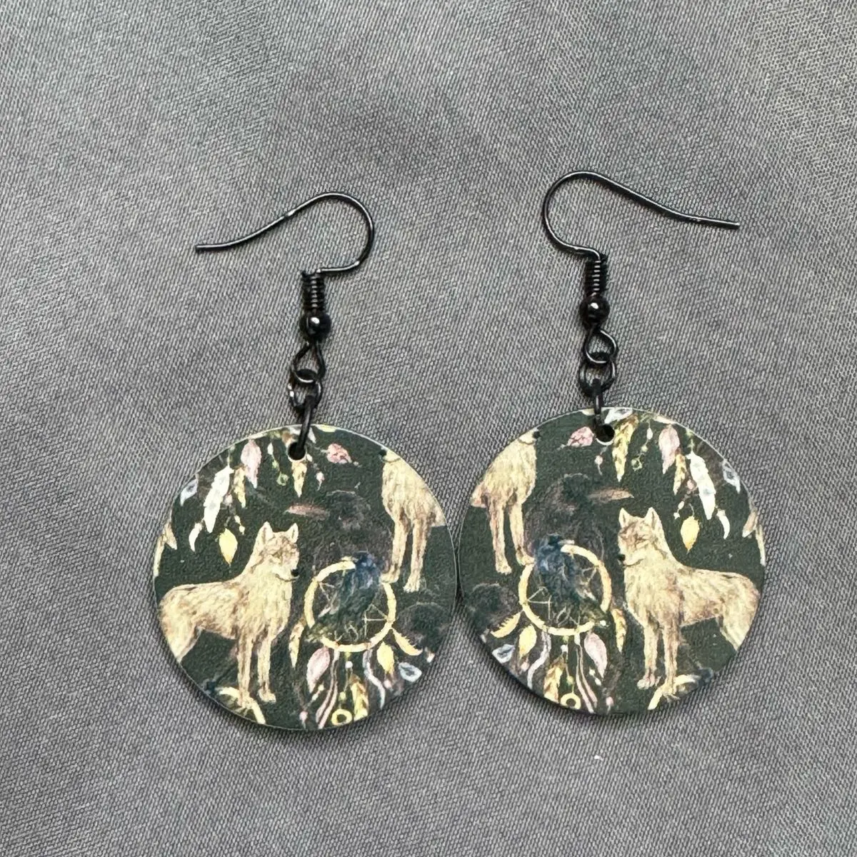 Round Wolf Earrings. Wolf and dreamcatcher print.