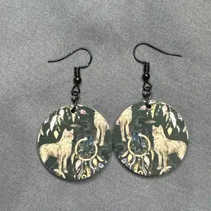 Round Wolf Earrings. Wolf and dreamcatcher print.