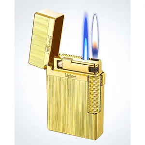 Dual Mode Classic Lighter, Jet Lighter Soft Lighter 2 in 1 Windproof Refillable Butane Lighter for Men Dad Husband Collect,Gold a