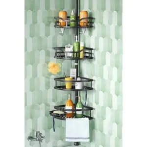 Corner Shower  Tension Pole: Rustproof  4-Tier Bathroom Organizer Shelves for Bathtub Shampoo Storage - -121 Inch Quick Install Adjustable Standing Rack with Soap Rack - Black