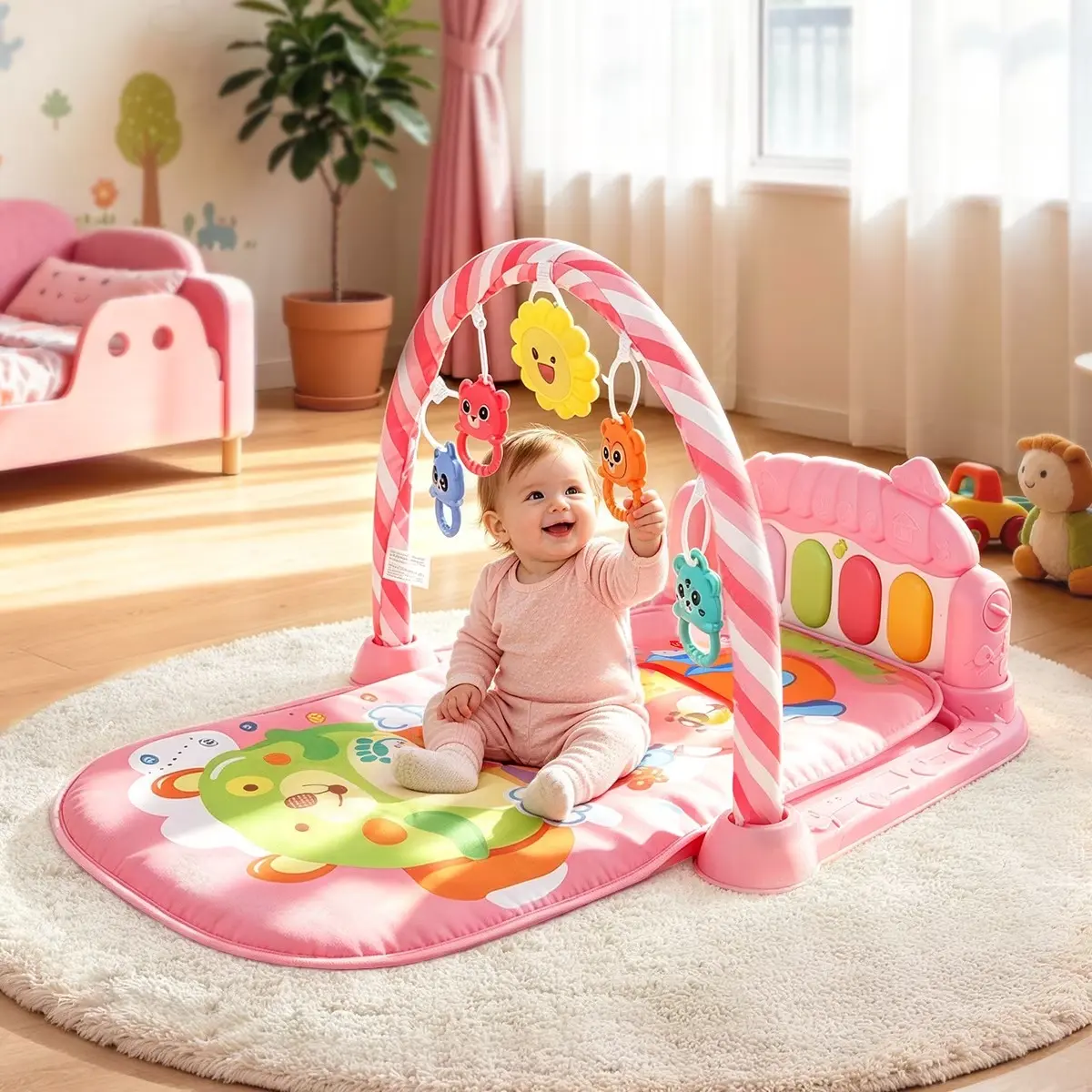 Caveen Soft Play Mat for Babies - Indoor Baby Entertainment Interactive Piano Playgyms & Playmats with Hanging Rattles, Padded Sensory Features, Nursery Development Gear for 0-12 Months Newborns, Pink Gift